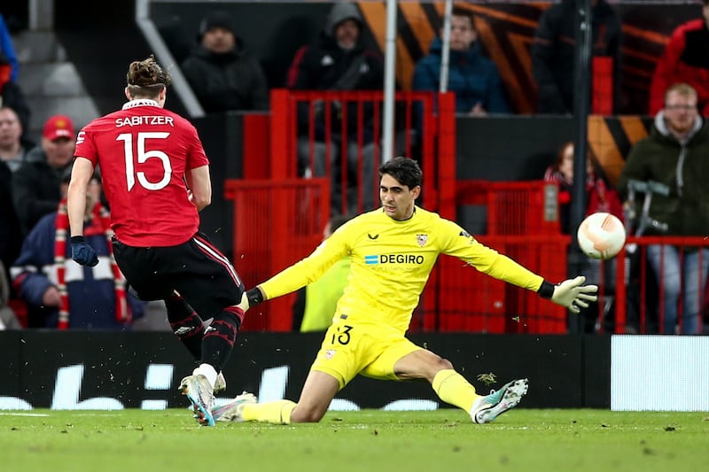Manchester United's Marcel Sabitzer his and United's second goal against Sevilla. AP