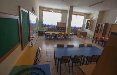 A picture taken on June 30, 2020, shows an empty classroom at Our Lady of Lourdes school in the Lebanese city of Zahle, in the central Bekaa region. - Until recently, Lebanon's French-speaking schools, a large majority Catholic, taught 500,000 children -- equivalent to around half of all pupils nationwide. But the country's worst economic crisis since the 1975-1990 civil war has left them battling to stay afloat as parents struggle to pay fees, and put French-language education in jeopardy. (Photo by JOSEPH EID / AFP)