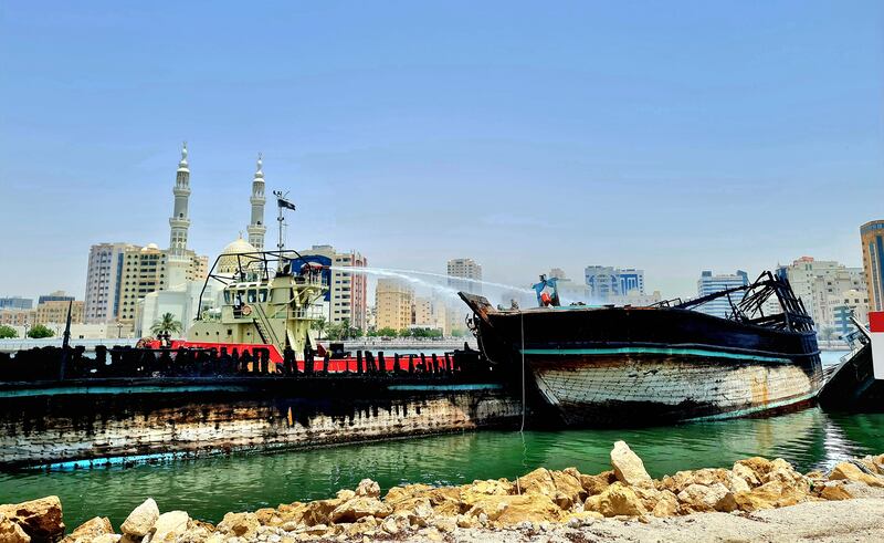 A fire that started on five wooden boats in Sharjah Creek on Saturday morning was brought under control.  Sharjah Police