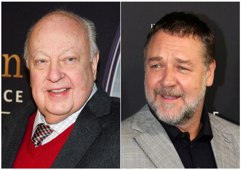 This combination photo shows Roger Ailes at a special screening of "Kingsman: The Secret Service" in New York on Feb. 9, 2015, left, and actor Russell Crowe at the Australian premiere of his movie "The Mummy" in Sydney on May 22, 2017. Crowe will portray Ailes in a new Showtime series about the late Fox News founder. The eight-episode series is based on â€œThe Loudest Voice In The Roomâ€ by Gabriel Sherman. (AP Photo)
