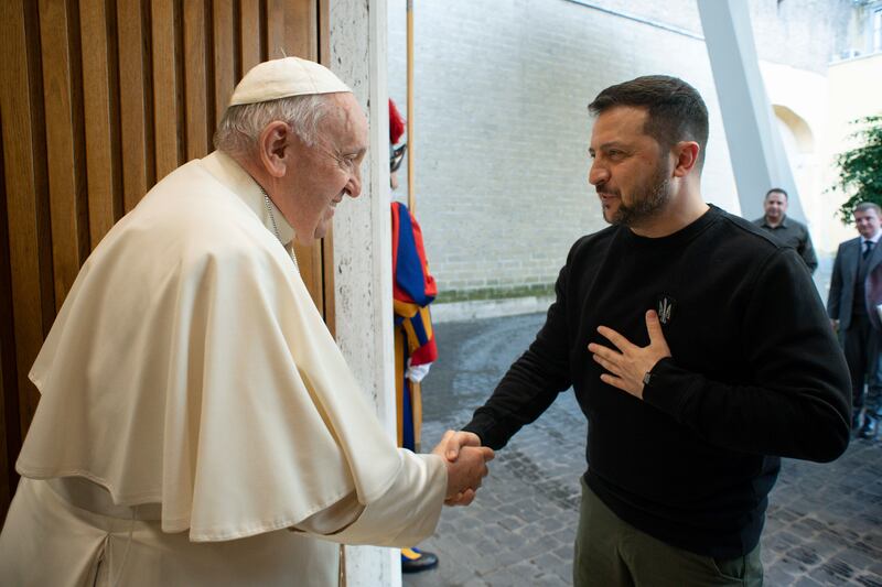 Pope Francis met Ukrainian President Volodymyr Zelenskyy during a private audience at The Vatican on Saturday. AP