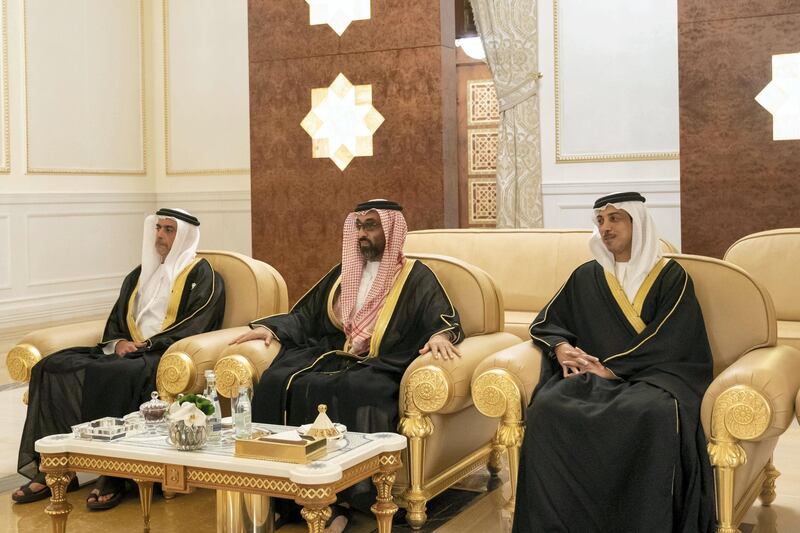 ABU DHABI, UNITED ARAB EMIRATES - November 13, 2019: (R-L) HH Sheikh Mansour bin Zayed Al Nahyan, UAE Deputy Prime Minister and Minister of Presidential Affairs, HH Sheikh Tahnoon bin Zayed Al Nahyan, UAE National Security Advisor and HH Lt General Sheikh Saif bin Zayed Al Nahyan, UAE Deputy Prime Minister and Minister of Interior, receive HE Abdel Fattah El Sisi, President of Egypt (not shown), at the Presidential Airport.

( Hamad Al Kaabi / Ministry of Presidential Affairs )
---