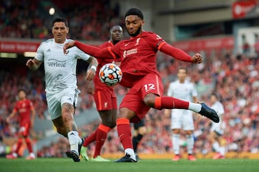 Joe Gomez of Liverpool in action during the pre-season friendly match between Liverpool FC and CA Osasuna at Anfield on August 9, 2021 in Liverpool, England. (Photo by Jose Breton / Pics Action / NurPhoto via Getty Images)