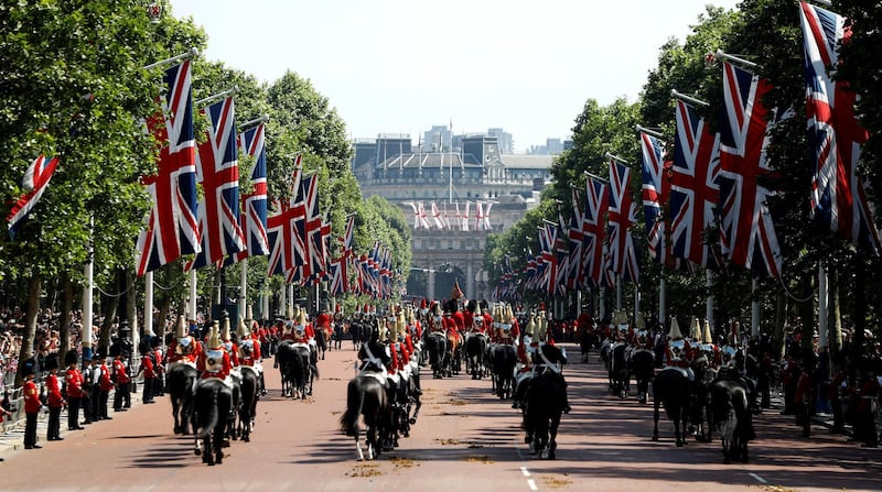 Coldstream Guards and The Household Cavalry march down The Mall as part of Trooping the Colour in central London, Britain. REUTERS / Peter Nicholls
