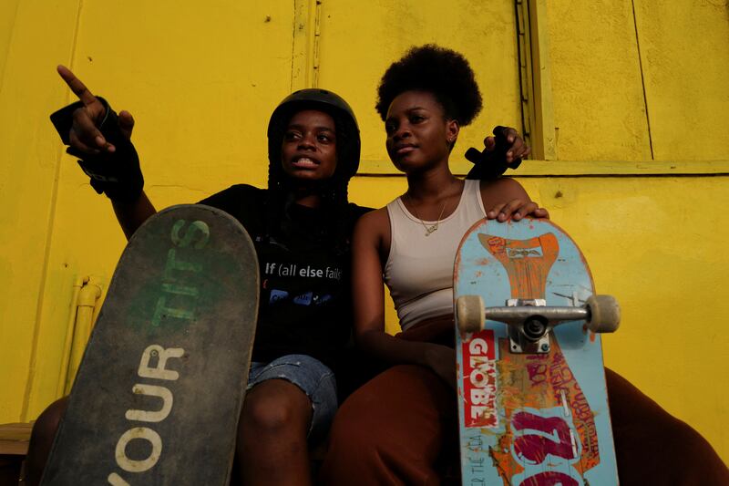 Twins Adelaide and Adeline Yeboah, 18, get ready to practise at the Freedom Skate Park in Accra, Ghana. It is open every Thursday exclusively to women and girls, who can use the equipment and take lessons for nothing. Reuters