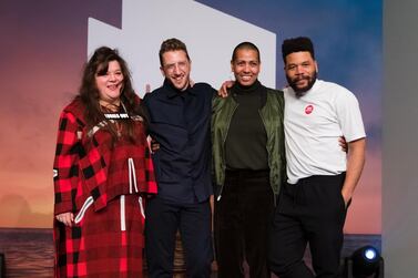 Tai Shani, Lawrence Abu Hamdan, Helen Cammock, and Oscar Murillo pose for a photograph after being announced as the joint winners of Turner Prize 2019. EPA