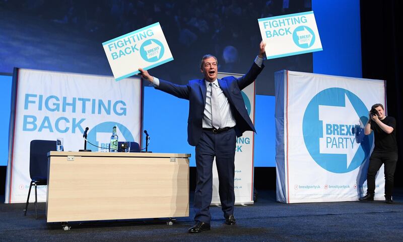 epa07503776 Brexit Party leader Nigel Farage during a Brexit Party rally in Birmingham, Britain, 13 April 2019. Farage launched his new political party, the Brexit Party, in Coventry on 12 April 2019.  EPA/ANDY RAIN
