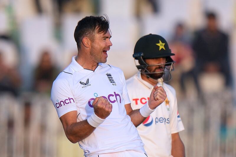 England bowler James Anderson celebrates after taking the wicket of Pakistan's Muhammad Rizwan on Day 3 of the first Test in Rawalpindi on Saturday, December 3, 2022. AP