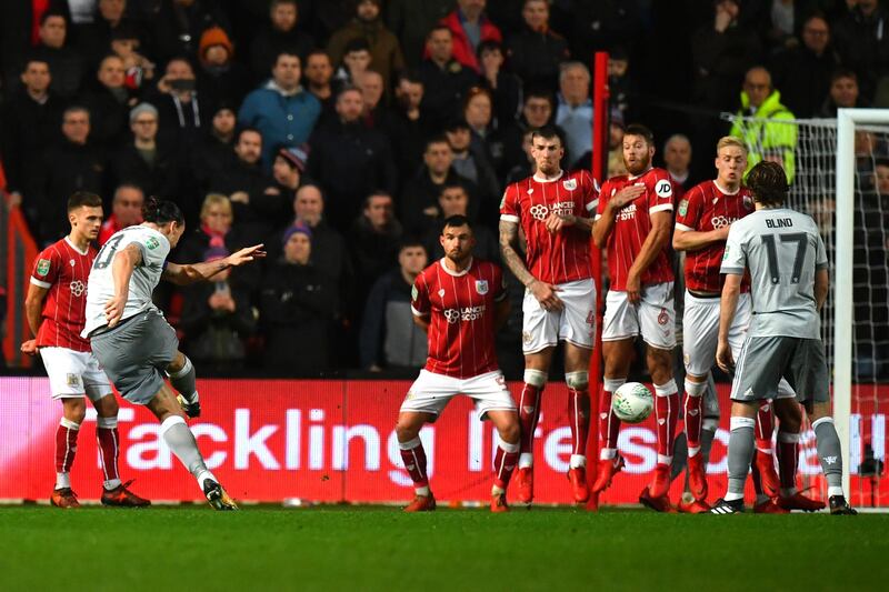 Zlatan Ibrahimovic scores from a free-kick to equalise for Manchester United. Dan Mullan / Getty Images