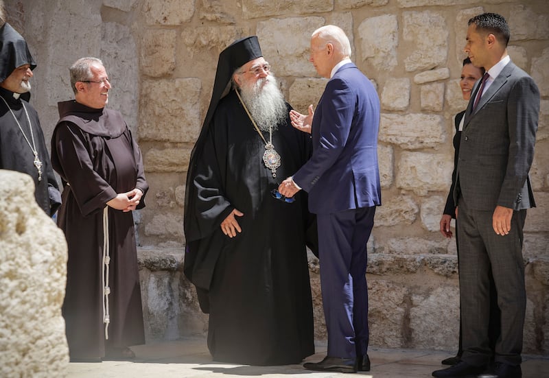 US President Joe Biden meets clergy at the Church of Nativity in Bethlehem, in the occupied West Bank. Reuters