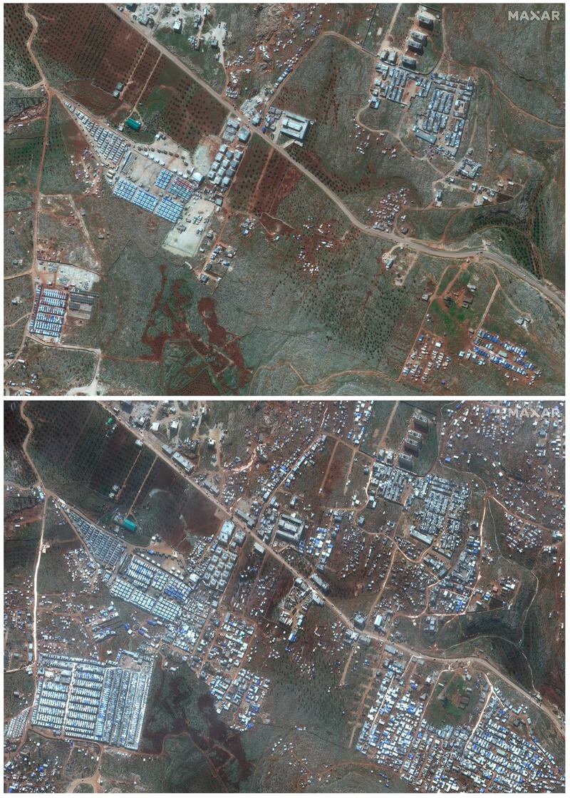 This combination of satellite images provided by Maxar Technologies shows an area near Deir Hassan in northern Syria's Idlib province near the Turkish border on Feb. 5, 2019, top, and the same area with a large number of refugee tents for internally displaced people on Feb. 16, 2020, bottom. The difference between the two images illustrates the rapid expansion of refugees as hundreds of thousands of civilians in the area are scrambling to escape a widening, multi-front offensive by Syrian President Bashar Assad's forces. AP