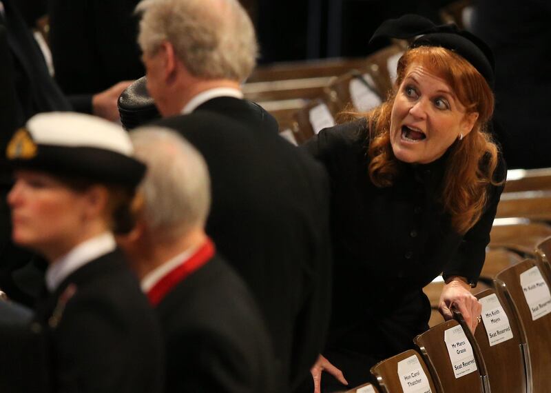 LONDON, ENGLAND - APRIL 17:  Sarah Ferguson, Duchess of York attends the Ceremonial funeral of former British Prime Minister Baroness Thatcher at St Paul's Cathedral on April 17, 2013 in London, England. Dignitaries from around the world today join Queen Elizabeth II and Prince Philip, Duke of Edinburgh as the United Kingdom pays tribute to former Prime Minister Baroness Thatcher during a Ceremonial funeral with military honours at St Paul's Cathedral. Lady Thatcher, who died last week, was the first British female Prime Minister and served from 1979 to 1990.  (Photo by Christopher Furlong/Getty Images) *** Local Caption ***  166789256.jpg