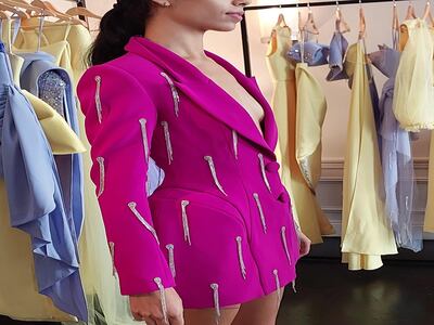 Azzi & Osta tailored jacket in a dazzling pink, decorated with diamonte drops, for spring/summer 2023. Sarah Maisey / The National