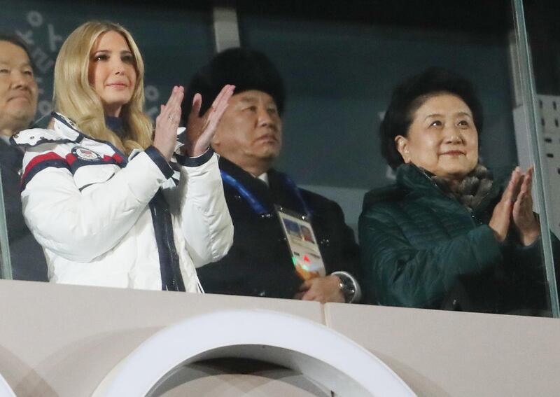 Pyeongchang 2018 Winter Olympics - Closing ceremony - Pyeongchang Olympic Stadium - Pyeongchang, South Korea - February 25, 2018 - Ivanka Trump (L) , U.S. President Donald Trump's daughter and senior White House adviser, and Kim Yong Chol (C) of the North Korea delegation attend the closing ceremony. REUTERS/Lucy Nicholson