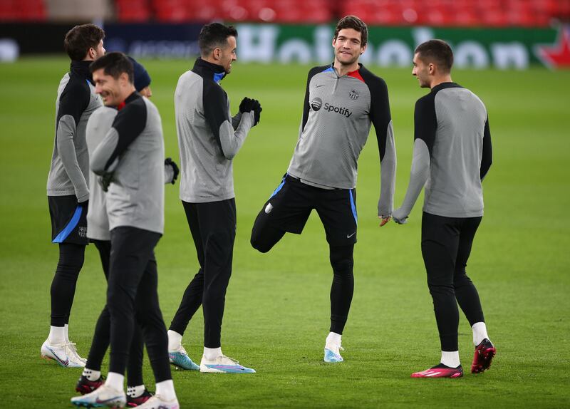 Barcelona's Marcos Alpono attends a training session at Old Trafford. EPA