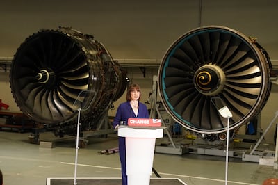 Shadow chancellor Rachel Reeves delivers a speech during a visit to Rolls-Royce in Derby, while on the General Election campaign trail. PA Wire
