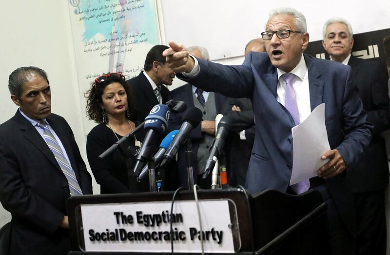 Magdi Abdel-Hamid, spokesman of the Civil Democratic Movement, speaks during a news conference at the headquarters of the Egyptian Social Democratic Party in Cairo, Egypt March 27, 2019. REUTERS/Mohamed Abd El Ghany