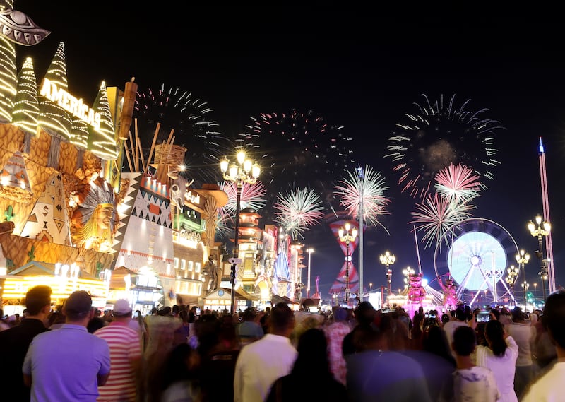 Fireworks go off to celebrate Eid at Global Village, Dubai. Chris Whiteoak / The National
