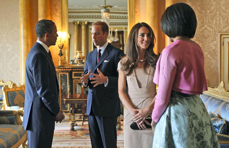 LONDON, ENGLAND - MAY 24:  US President Barack Obama (L) and First Lady Michelle Obama (R) meet with Prince William, Duke of Cambridge and Catherine, Duchess of Cambridge at Buckingham Palace on May 24, 2011 in London, England. The 44th President of the United States, Barack Obama, and his wife Michelle are in the UK for a two day State Visit at the invitation of HM Queen Elizabeth II. During the trip they will attend a state banquet at Buckingham Palace and the President will address both houses of parliament at Westminster Hall.  (Photo by Charles Dharapak - WPA Pool/Getty Images)