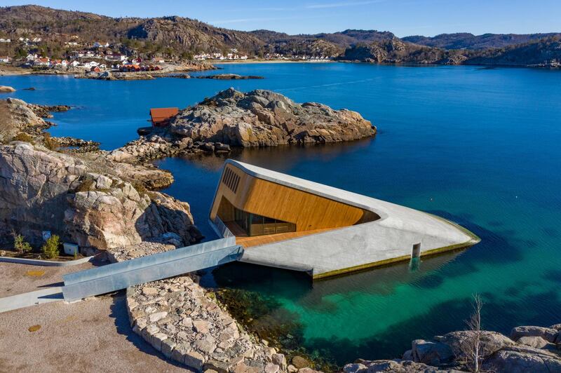 An exterior view of a restaurant named 'Under', semi-submerged beneath the waters of the North Atlantic in Lindesnes, Norway. EPA