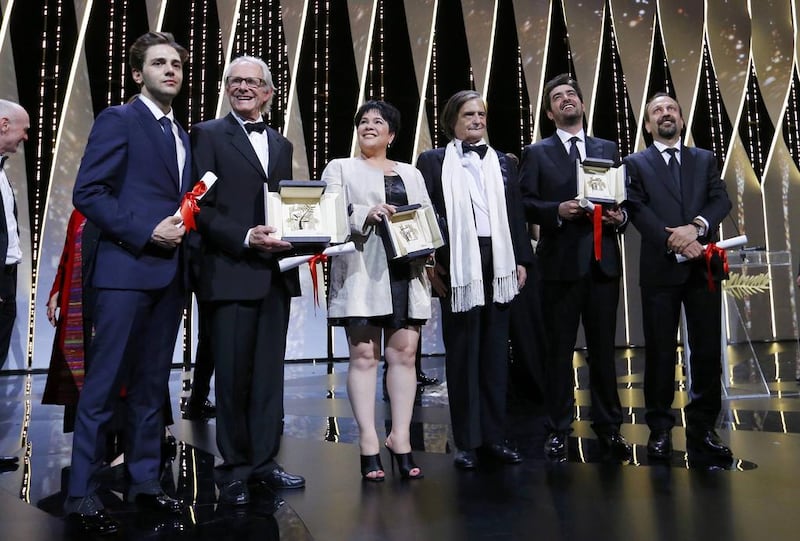 From left: Director Xavier Dolan, Grand Prix award winner, director Ken Loach, Palme d’Or award winner, actress Jaclyn Jose, Best Actress award winner, actor Jean-Pierre Leaud, actor Shahab Hosseini, Best Actor award winner, and director Asghar Farhadi, Best Screenplay award winner during the closing ceremony of the 69th Cannes Film Festival. Yves Herman / Reuters 