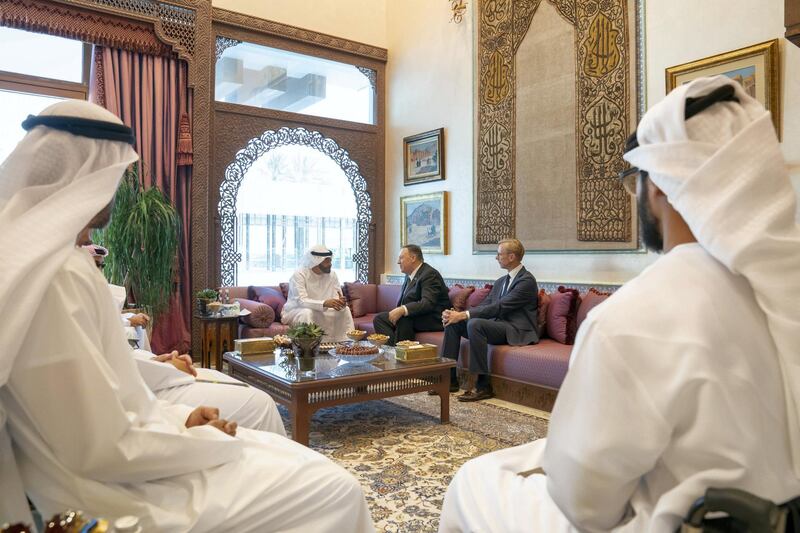 ABU DHABI, UNITED ARAB EMIRATES - September 19, 2019: HH Sheikh Mohamed bin Zayed Al Nahyan, Crown Prince of Abu Dhabi and Deputy Supreme Commander of the UAE Armed Forces (back L), meets Michael R Pompeo, Secretary of State of the United States of America (Back R), at the Sea Palace


( Mohamed Al Hammadi / Ministry of Presidential Affairs )
---