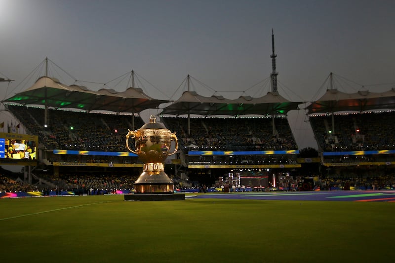 A replica of the Indian Premier League winners' trophy is displayed on the field during the opening ceremony. AP 