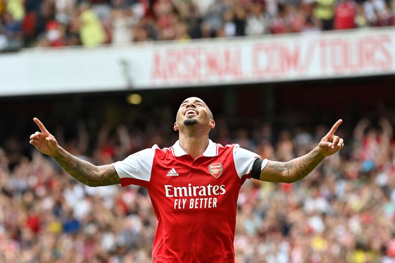 Brazilian forward Gabriel Jesus celebrates after scoring Arsenal's team third goal. AFP