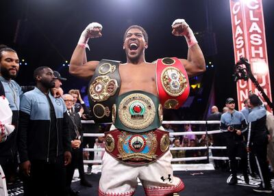 Anthony Joshua after reclaiming the IBF, WBA, WBO & IBO World Heavyweight Championship belts from Andy Ruiz (not pictured) at the Diriyah Arena, Diriyah, Saudi Arabia. PA Photo. Picture date: Saturday December 7, 2019. See PA story BOXING Saudi Arabia. Photo credit should read: Nick Potts/PA Wire
