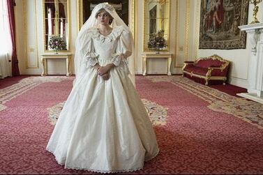 Emma Corrin in a replica of Princess Diana's wedding dress for season four of 'The Crown'. Instagram / Emma Corrin