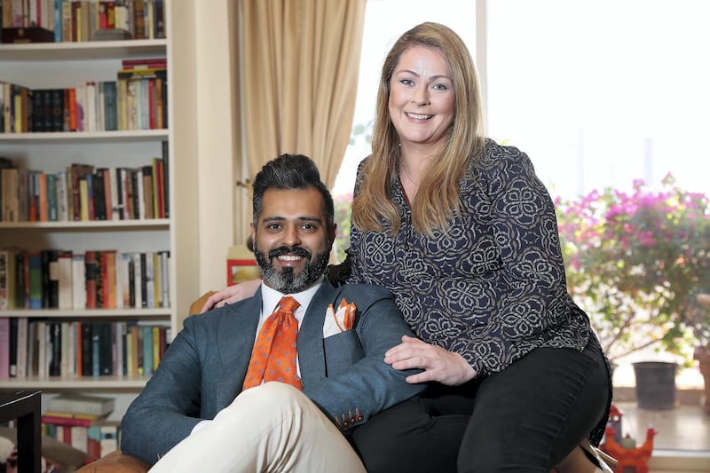 DUBAI , UNITED ARAB EMIRATES , MARCH 7  – 2018 :- Eve Hester Wyne , Director and Producer in film with her husband Hisham Wyne , Copywriting Specialist at their home in Escape Tower in Business Bay in Dubai. ( Pawan Singh / The National ) For Personal Finance. Story by Ann