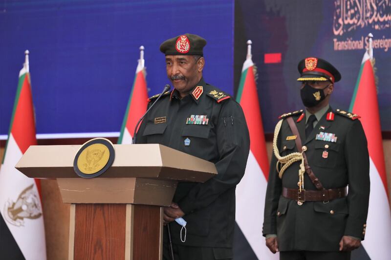 Sudan's top military official, Gen Abdel Fattah Al Burhan, speaking after the signing of an agreement with Prime Minister Abdalla Hamdok in Khartoum. Photo: Republican Media Palace via EPA