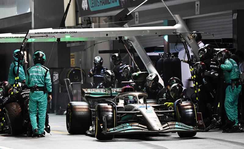 Mercedes driver George Russell makes a pit stop. EPA