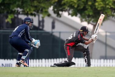 UAE's Chirag Suri scored a fifty during the World Cup League 2 match against Scotland at the ICC Academy in Dubai. Pawan Singh / The National