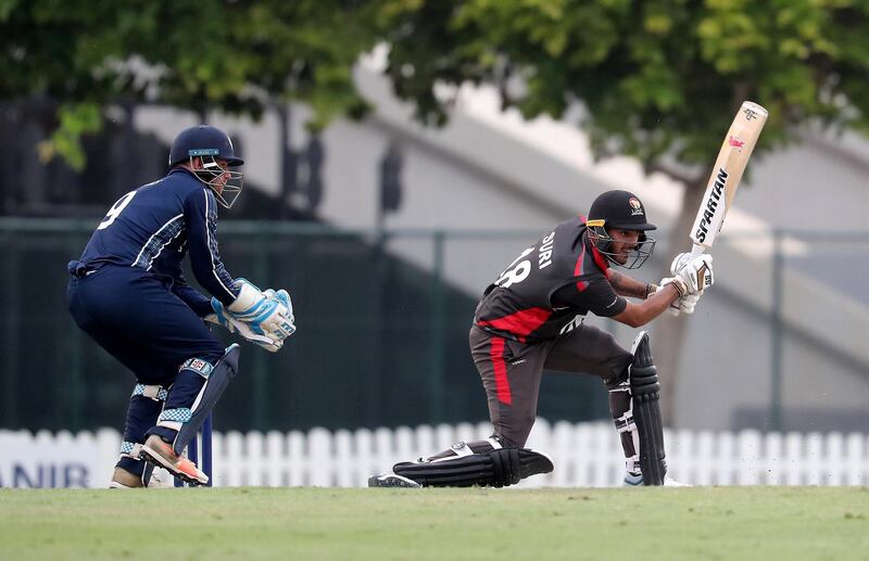 DUBAI, UNITED ARAB EMIRATES , Dec 15– 2019 :- Chirag Suri of UAE playing a shot during the World Cup League 2 cricket match between UAE vs Scotland held at ICC academy in Dubai. UAE won the match by 7 wickets. He scored 67 runs in this match. ( Pawan Singh / The National )  For Sports. Story by Paul