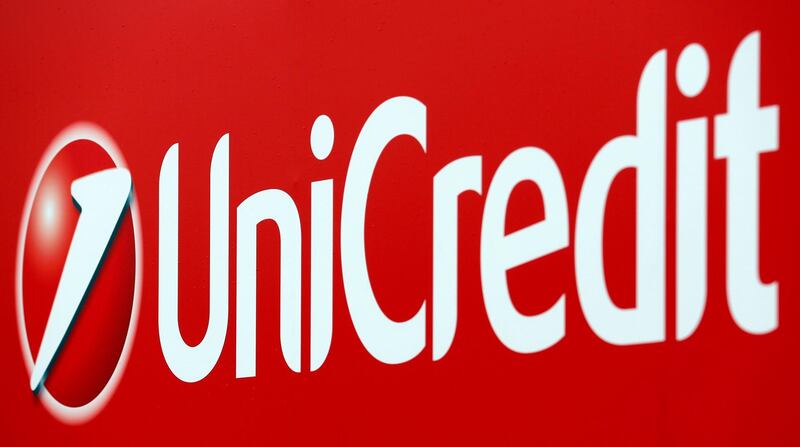 FILE PHOTO: Unicredit bank logo is seen on a banner downtown Milan, Italy, May 23, 2016. REUTERS/Stefano Rellandini/File Photo