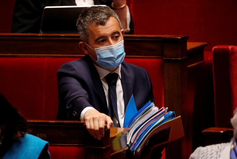 French Interior Minister Gerald Darmanin, wearing a protective face mask, attends the questions to the government session before a final vote on controversial climate change bill at the National Assembly in Paris, France, May 4, 2021. REUTERS/Sarah Meyssonnier