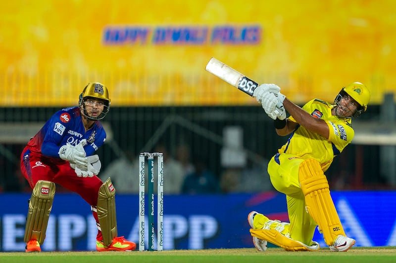 Chennai Super Kings' Rachin Ravindra hits out on his way to making 37 off 15 balls. AP 