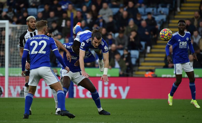 Leicester's Caglar Soyuncu heads the ball clear Newcastle. AP