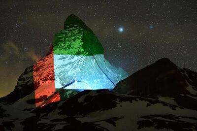 Illumination 17 April 2020: United Arab Emirates on Matternhorn. Â© Light Art by Gerry Hofstetter / Foto Michael Kessler