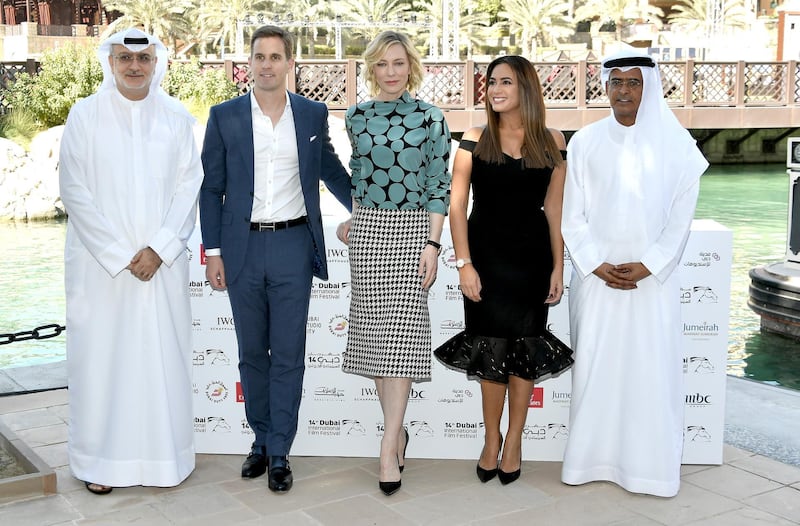 From left: Diff Artistic Director Masoud Amralla Al Ali, IWC Schaffhausen CEO Christoph Grainger-Herr, actors Cate Blanchett, Hend Sabry and Diff Chairman Abdulhamid Juma attend the IWC Photocall on day two. Vittorio Zunino Celotto / Getty Images for Diff