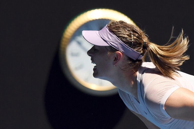 epa06448378 Maria Sharapova of Russia in action against Anastasija Sevastova of Latvia during round two on day four of the Australian Open tennis tournament in Melbourne, Victoria, Australia, 18 January 2018.  EPA/DEAN LEWINS  AUSTRALIA AND NEW ZEALAND OUT