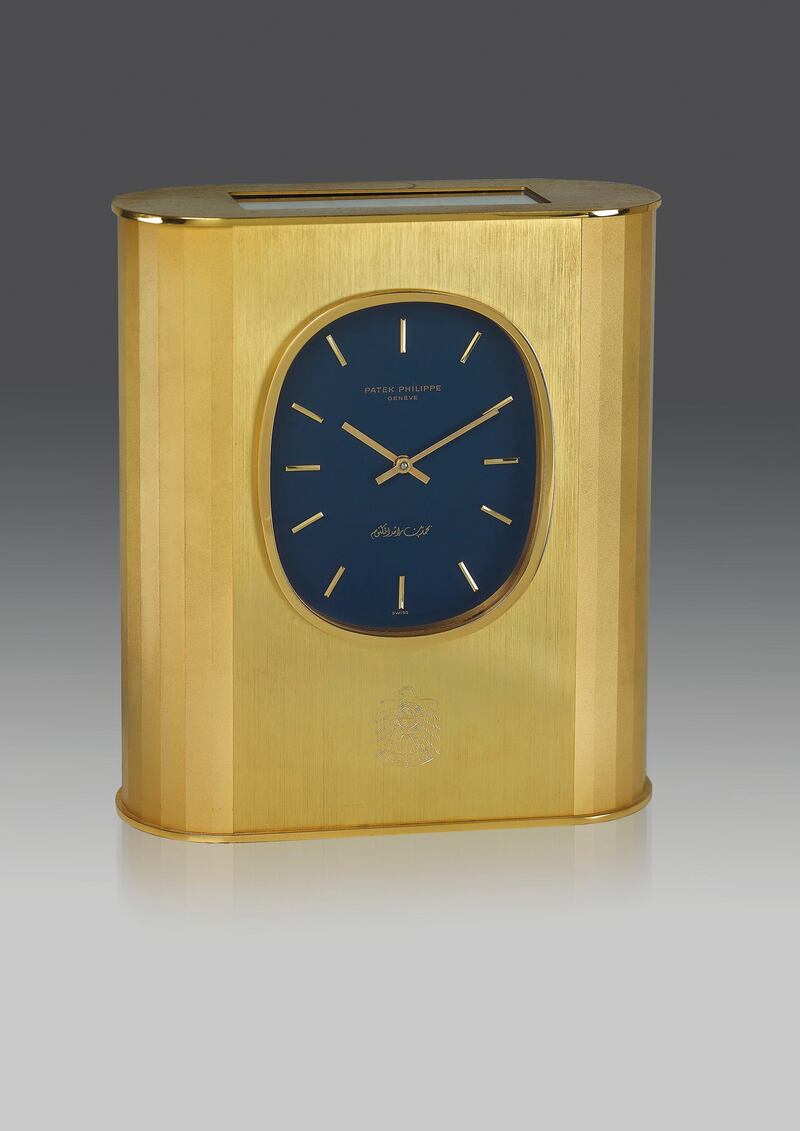 A Patek Philippe desk clock featuring the UAE crest will feature in Christie's live Dubai auction, scheduled for October 3. Courtesy Christie's