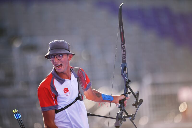 Mete Gazoz of Turkey celebrates after winning gold in the men's archery.