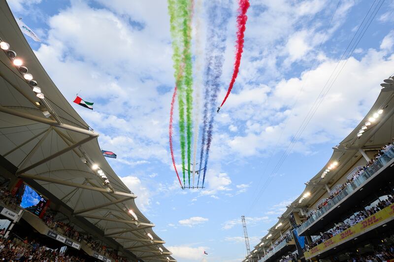 Al Forsan Aerobatic team perform a fly-past. Photo: Abdulla Al Neyadi /  UAE Presidential Court