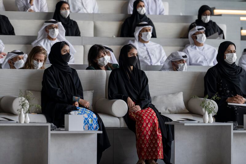 Sheikha Hassa bint Mohamed bin Hamad bin Tahnoon Al Nahyan, front left, and Sheikha Salama bint Mohamed bin Hamad bin Tahnoon Al Nahyan, alongside her, at Majlis Mohamed bin Zayed.