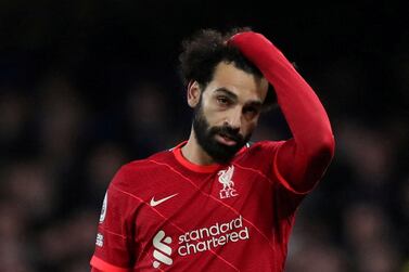 FILE PHOTO: Soccer Football - Premier League - Chelsea v Liverpool - Stamford Bridge, London, Britain - January 2, 2022 Liverpool's Mohamed Salah reacts Action Images via Reuters/Peter Cziborra EDITORIAL USE ONLY.  No use with unauthorized audio, video, data, fixture lists, club/league logos or 'live' services.  Online in-match use limited to 75 images, no video emulation.  No use in betting, games or single club /league/player publications.   Please contact your account representative for further details.  / File Photo / File Photo