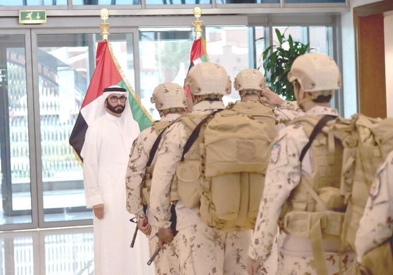 Members of the UAE Armed Forces are welcomed back from Yemen after liberating Aden. Seen with Mohammed Al Bowardi, Minister of State for Defence Affairs. Wam 