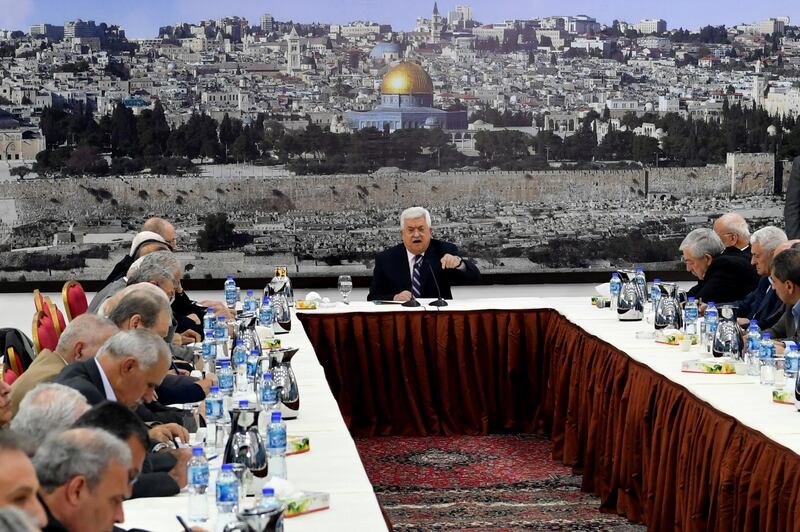 Palestinian President Mahmoud Abbas gestures as he speaks during a meeting with the Palestinian leadership in Ramallah, in the occupied West Bank March 19, 2018. Palestinian President Office (PPO)/Handout via REUTERS ATTENTION EDITORS - THIS PICTURE WAS PROVIDED BY A THIRD PARTY. NO RESALES. NO ARCHIVE.