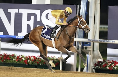 DUBAI , UNITED ARAB EMIRATES , December 17 – 2020 :- Dane O’Neill (no 7) guides Mnasek (USA)  to win the 2nd horse race 1400m Dirt at the Meydan Racecourse in Dubai. ( Pawan Singh / The National ) For Sports. Story by Amith
